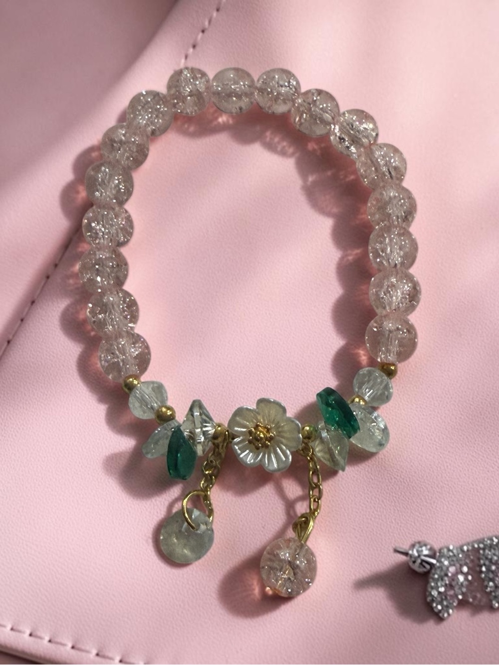 Crystal Beaded Green Accent Flower Bracelet